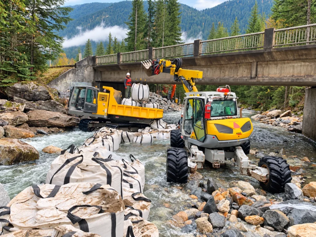 Spider Excavators Crazy Creek Bridge Scour Repair