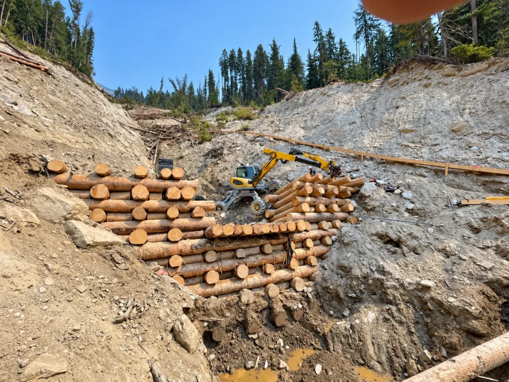 Spider Excavators Slope Timber Retaining Wall